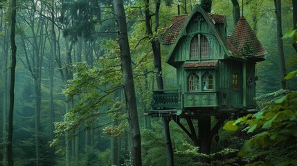 Wall Mural - Forest Green Tree House: A cozy tree house nestled in the branches of a forest, its exterior painted a soothing forest green