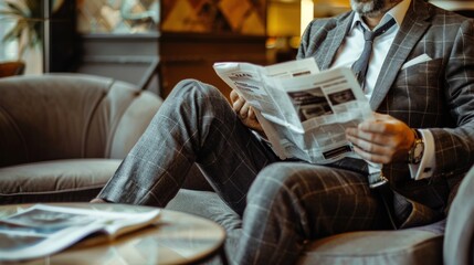 A man is sitting on a couch reading a newspaper. Generate AI image