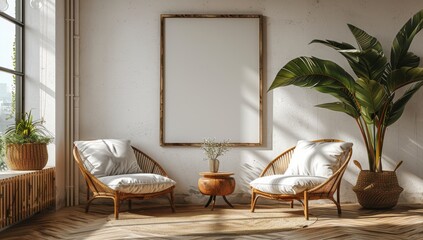 Wall Mural - Minimalist room with two armchairs and a large picture frame on the wall, simple white walls, wooden floor, wooden furniture, natural light, a plant in a vase, a modern home interior design