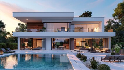 Modern house with swimming pool and terrace in the evening, modern architecture villa exterior, white color construction, white glass windows, minimalism style home design