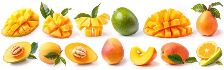 Wall Mural - Mango Harvest: Set of Ripe Fruits and Slices Isolated on White Background