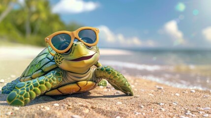 Wall Mural - funny cartoon turtle lounging on the beach, sporting stylish sunglasses. With its playful expression and beach-ready attire, the turtle exudes charm and personality. humor and relaxation to any design