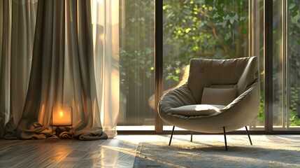 Modern room interior with armchair and curtains