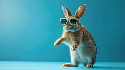 funny rabbit dancing with sunglasses with blue background generative AI