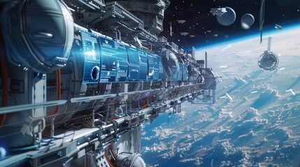 Wall Mural - Futuristic 3D news billboard on a space station, showing cosmic events, with a designated area for text insertion