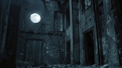 Wall Mural - Moonlight filters through broken windows, casting eerie shapes upon the decaying walls