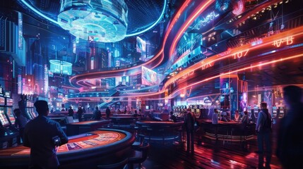 Wall Mural - Futuristic Casino: A high-tech casino with holographic games, robotic dealers, and patrons gambling in a futuristic setting