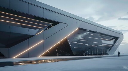 Wall Mural - Futuristic industrial building exterior with grey walls and led lighting