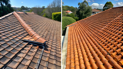 tiles after and before Roof cleaning with high pressure water cleaner tile roofing