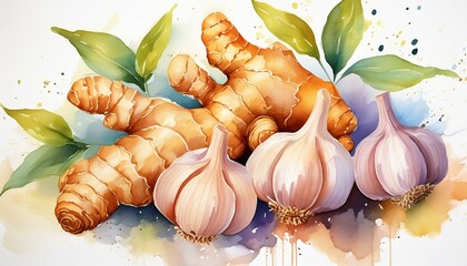 Wall Mural - Ginger, garlic watercolor illustration