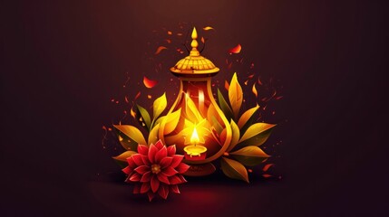 Diwali lantern with flower on dark background illumination for festive celebration and cultural tradition