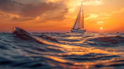 Wall Mural - A sailboat is sailing in the ocean at sunset. Generate AI image