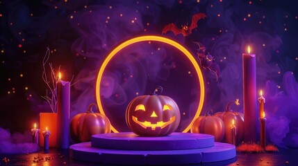 Wall Mural - Halloween day orange and purple pumpkin product podium stage and spooky candlelight for empty advertisement background. Holiday and season concept. Spooky and funny theme. 3D illustration rendering