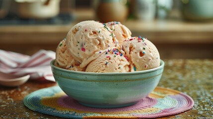 Canvas Print - vanilla ice cream with rainbow sprinkles in turquoise bowl on colorful placemat 