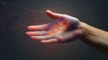 Wall Mural - Holographic Fingerprint Scan with Mesh Lines on Hand for Biometric Security