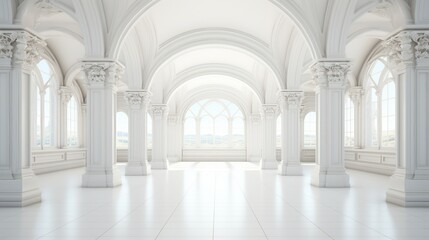 white classical-style hallway with large pillars