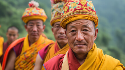 Group of buddhist monks posing in traditional headdresses