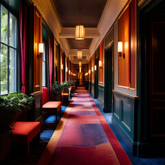 Poster - Long Hallway with Colorful Carpet and Benches


