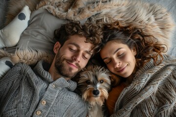 Wall Mural - Photo of a young couple and a dog lying on a living room sofa, top view. The woman had curly red hair and the man was wearing a blue denim shirt