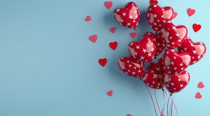 Poster - Red Heart Balloons With White Stars on a Blue Background