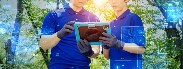 Aufkleber - People surveying nature using tablets and digital technology concept.