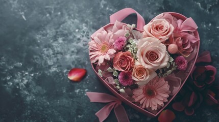 Wall Mural - Pink Flowers in Heart-Shaped Box