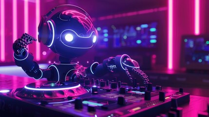 Wall Mural - Robot DJ in 3D, spinning digital turntables at a club, its LED lights syncing with the music beats