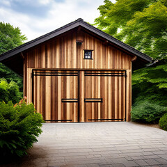 Sticker - A photo of a wooden building with a brick driveway in front of it. There are trees surrounding the building.