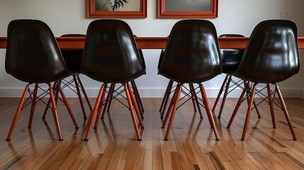 Wall Mural - vertical picture frames mock up in modern retro dinning room interior with black chairs and dining table with wooden floor and white wall, zoom out shot, video ultra HD 4K, 3D rendering  