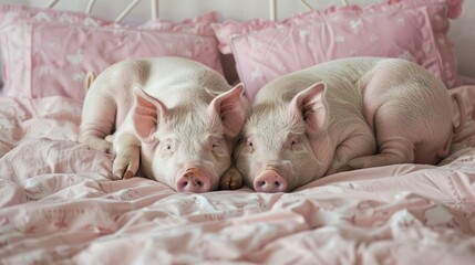 Two little pigs on a bed