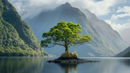 Wall Mural - A large tree is floating on a lake surrounded by mountains. Generate AI image