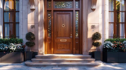 Canvas Print - Vintage brown wooden front door on the facade of a building with windows, AI generated  