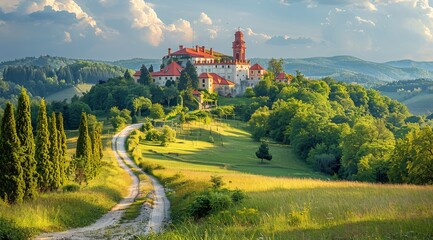 Wall Mural - Two Ancient Castles Nestled in Lush Green Hills of Slovenia