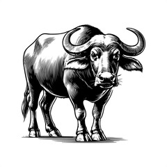 Buffalo in black and white animal drawing,