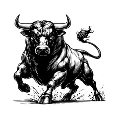 Bull in black and white animal drawing,