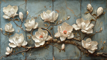 Wall Mural - panel wall art, wall decoration, marble background with flowers designs