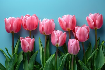 Canvas Print - Pink Tulips on a Blue Background