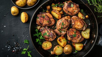 Close-up of roasted chicken thighs and potatoes in a black skillet