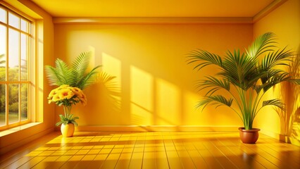 Vibrant yellow gradient studio background with empty 3d room featuring shadowy window, flowers, palm leaves, and blurred summer concert backdrop.