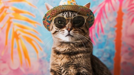 Poster - Cool Cat in a Straw Hat and Sunglasses