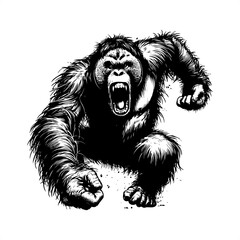 orangutan in black and white animal drawing,