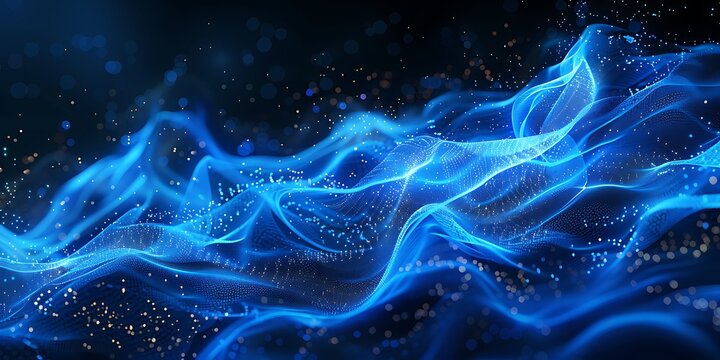 Blue glowing light lines with data particles and connections on black background. Abstract digital technology illustration of flowing cyberspace energy, blue line waves in motion, dark abstract