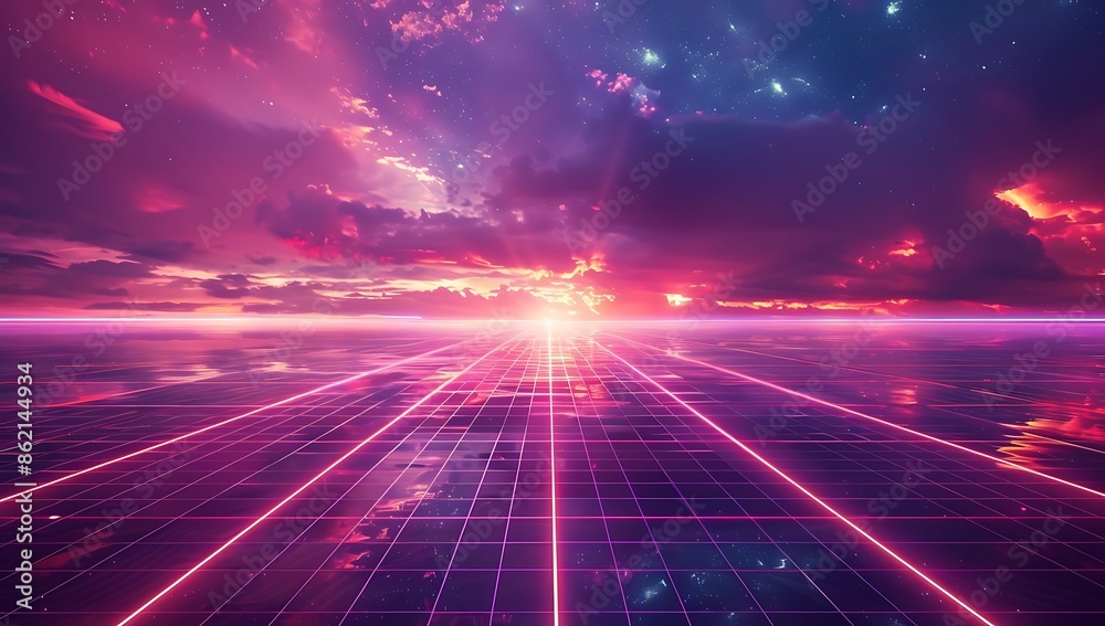 A retro synthwave background with glowing grid lines and purple neon ...