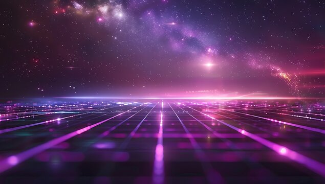 A retro synthwave background with glowing grid lines and purple neon sky, creating an nostalgic atmosphere for a music video or game graphics