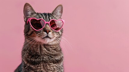 Funny cat wearing heart shaped sunglasses on pink background Postcard featuring cat with text space Ideal for Valentine s Day weddings women s day birthdays