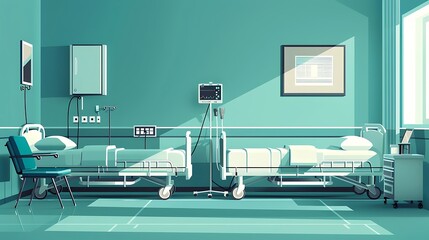 A hospital room with two beds, an IV stand and medical equipment in a flat vector style. A single chair is placed next to one of the beds. The background color should be a light blue or teal, with