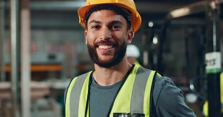 Poster - Helmet, worker and confidence of man in construction, safety and industry of engineering, face and building. Industrial, happy and portrait of person, smile and joy of employee and warehouse for work