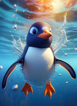 3D cute penguin swimming fast underwater, smile