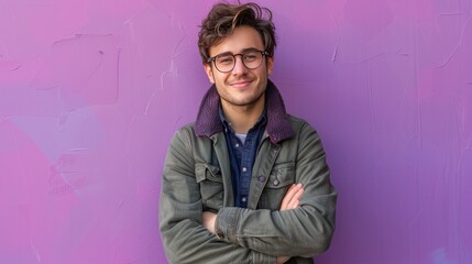 Young buisnessman wearing eyeglasses, jacket and shirt, holding arms crossed, looking at camera with happy confident smile, standing against purple background 