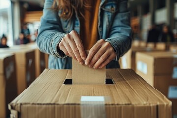 A woman, dressed in casual attire with a jean jacket, casts a ballot into a large slotted cardboard box, representing the democratic process or organizational voting.